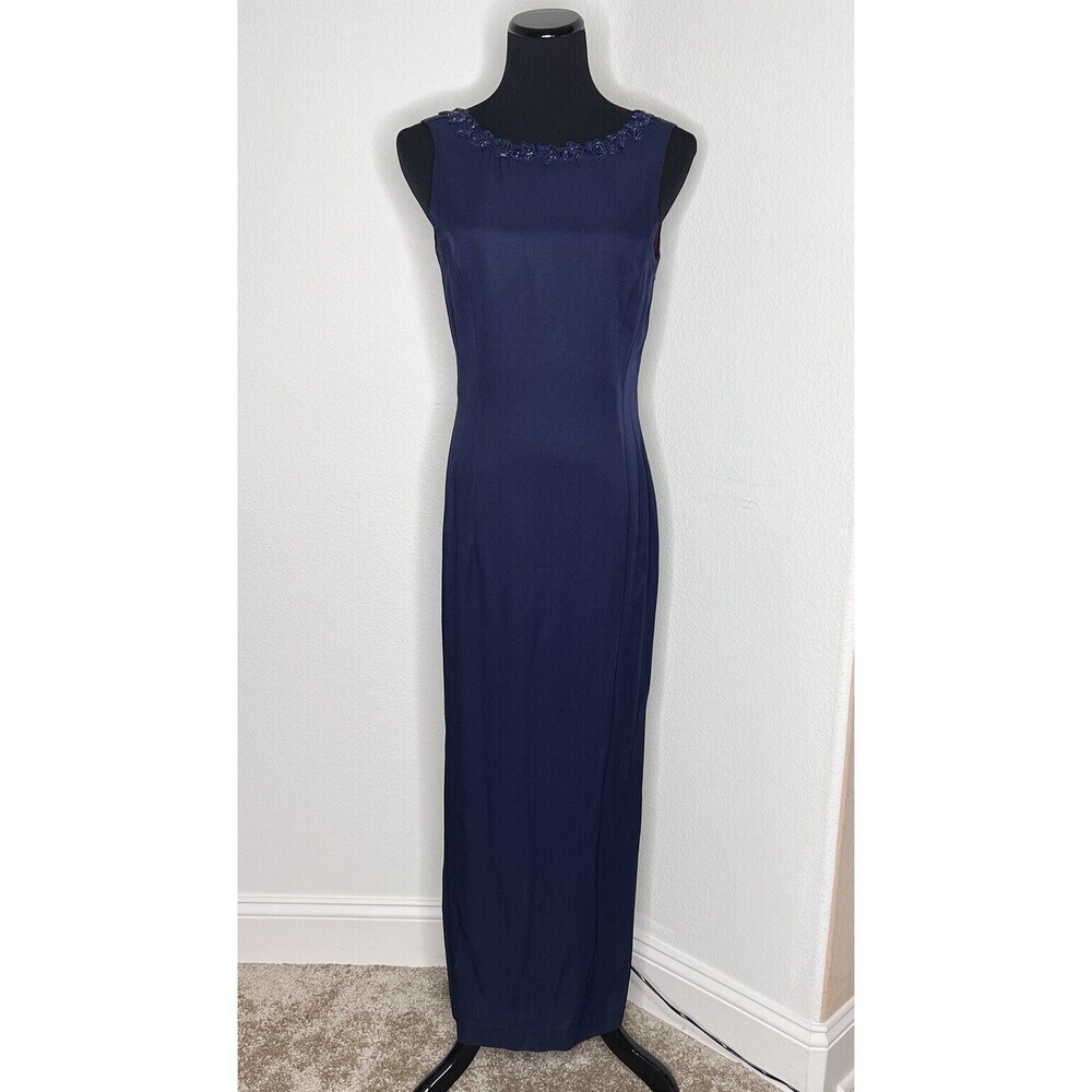 Scott McClintock Blue Beaded Maxi Slit Slip Evening Gown Size 8 Open Back
